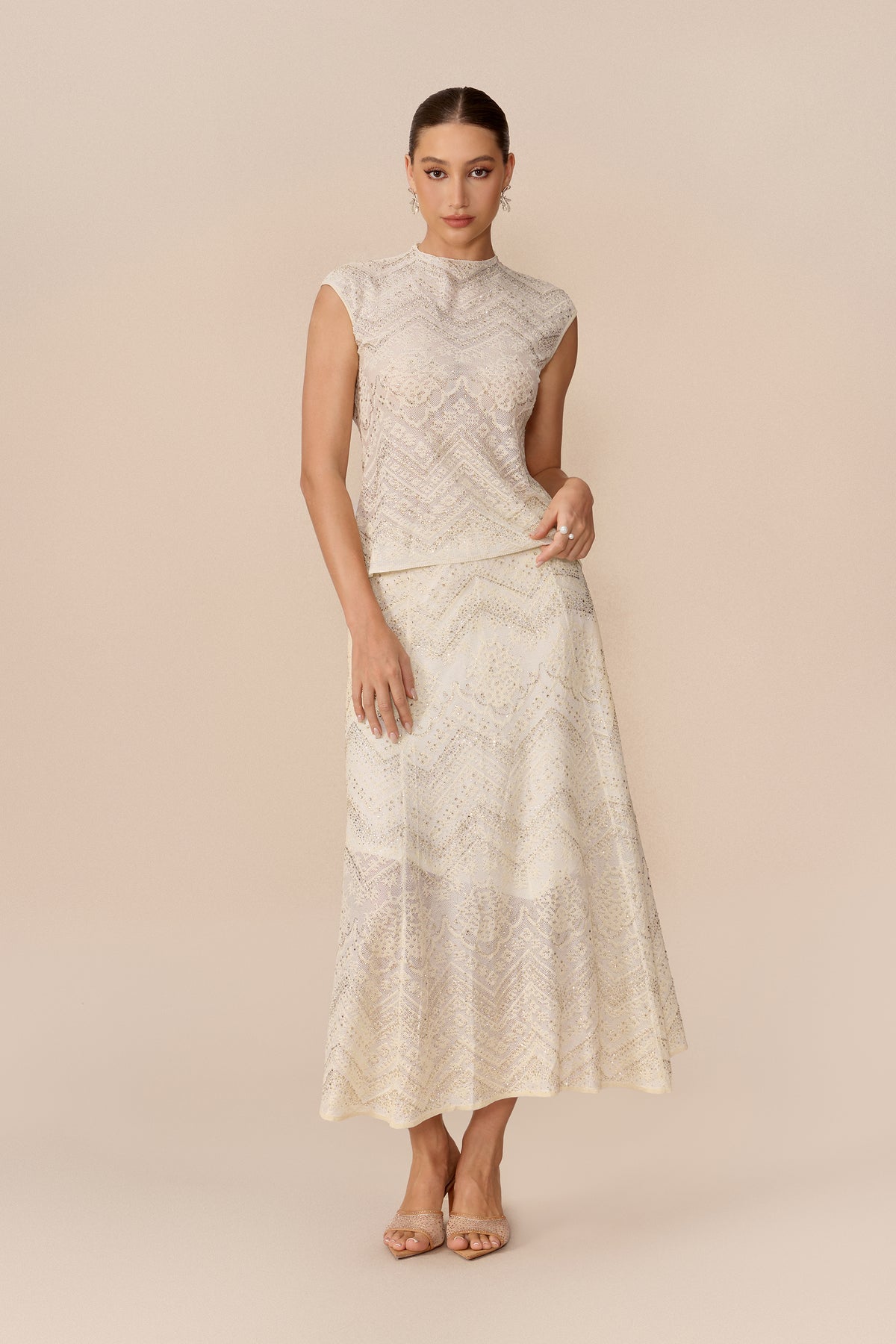 Lace Cropped Top and Flared Midi Skirt Set - view 5