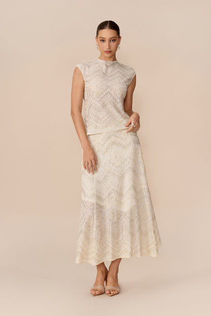 Lace Cropped Top and Flared Midi Skirt Set - view 5