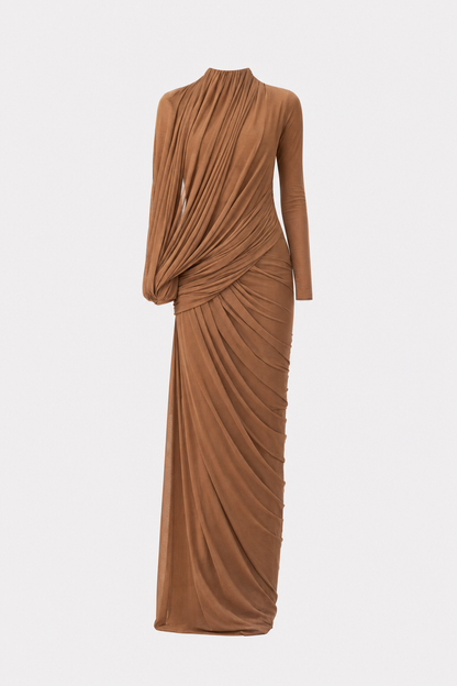 High Neck Maxi Dress with Asymmetric Drape - view 7