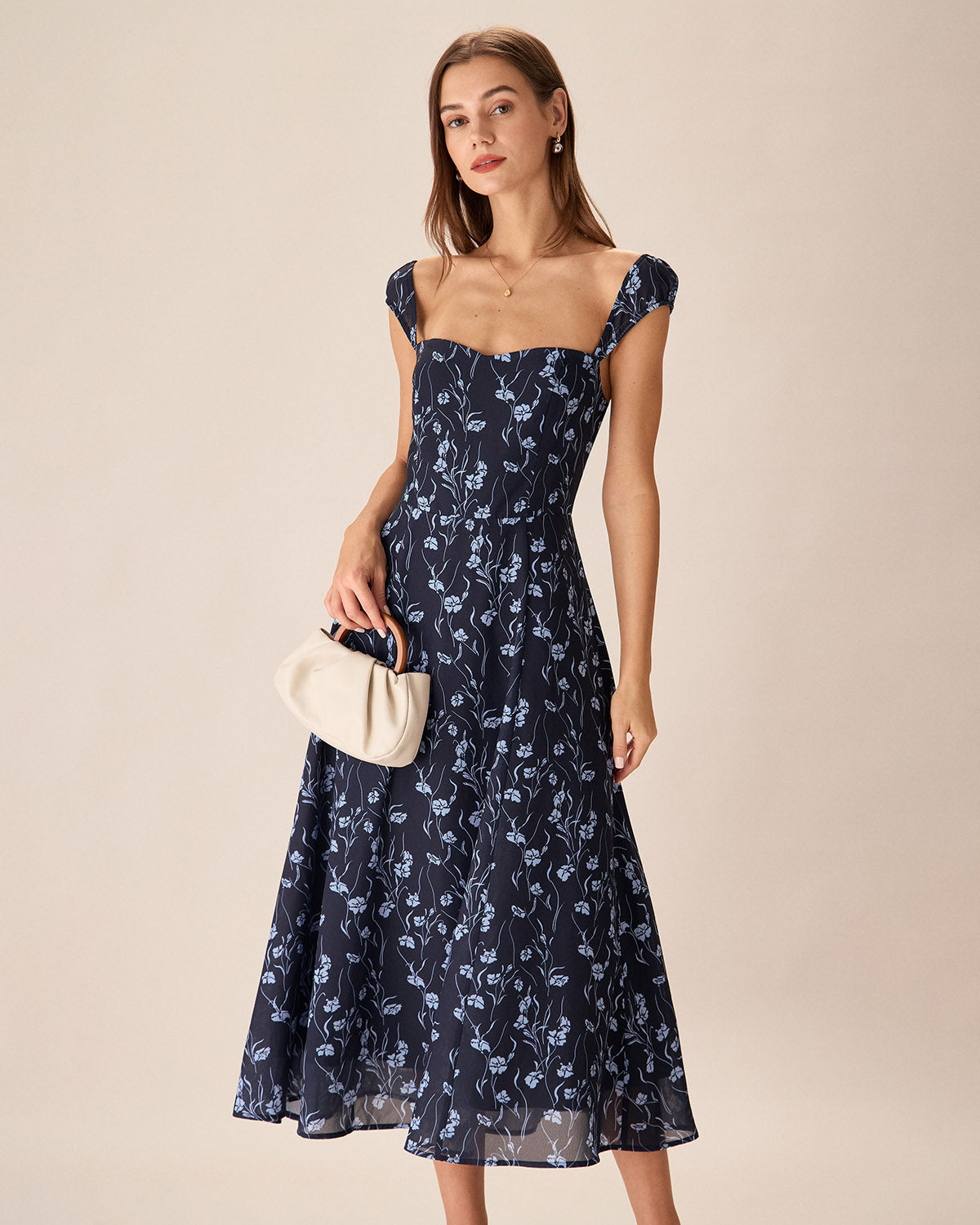 Navy Floral Sweetheart Neckline Midi Dress - view 2