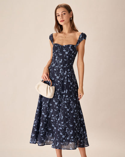 Navy Floral Sweetheart Neckline Midi Dress - view 2