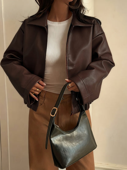 Cropped Faux Leather Zip Jacket with Collar - view 5