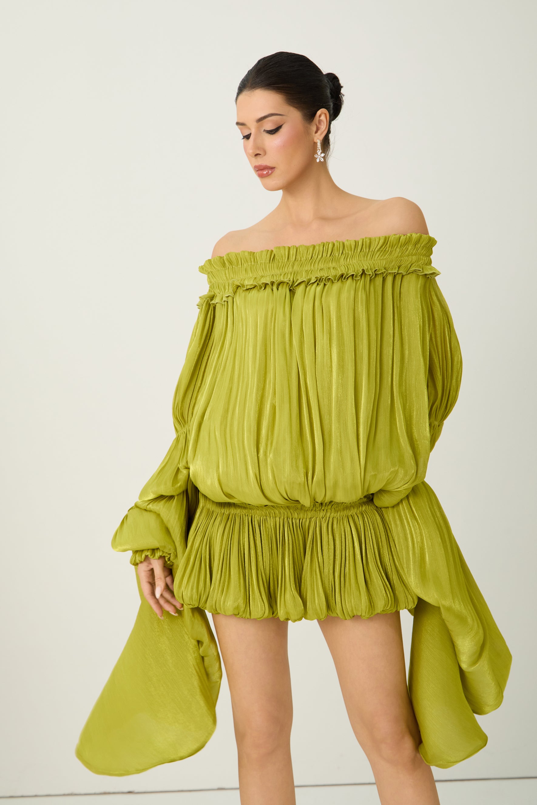 Green Off-Shoulder Ruffle Mini Dress, Pleated - view 5
