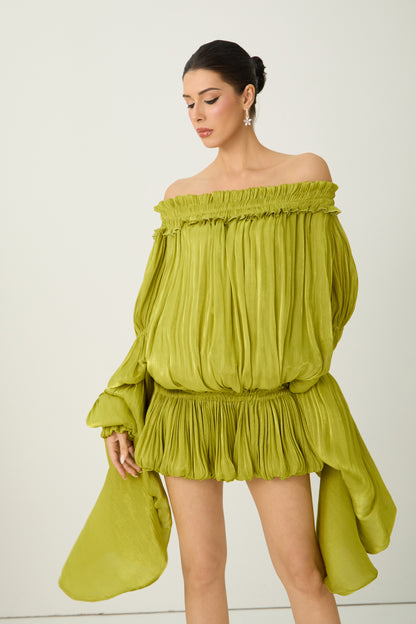 Green Off-Shoulder Ruffle Mini Dress, Pleated - view 5