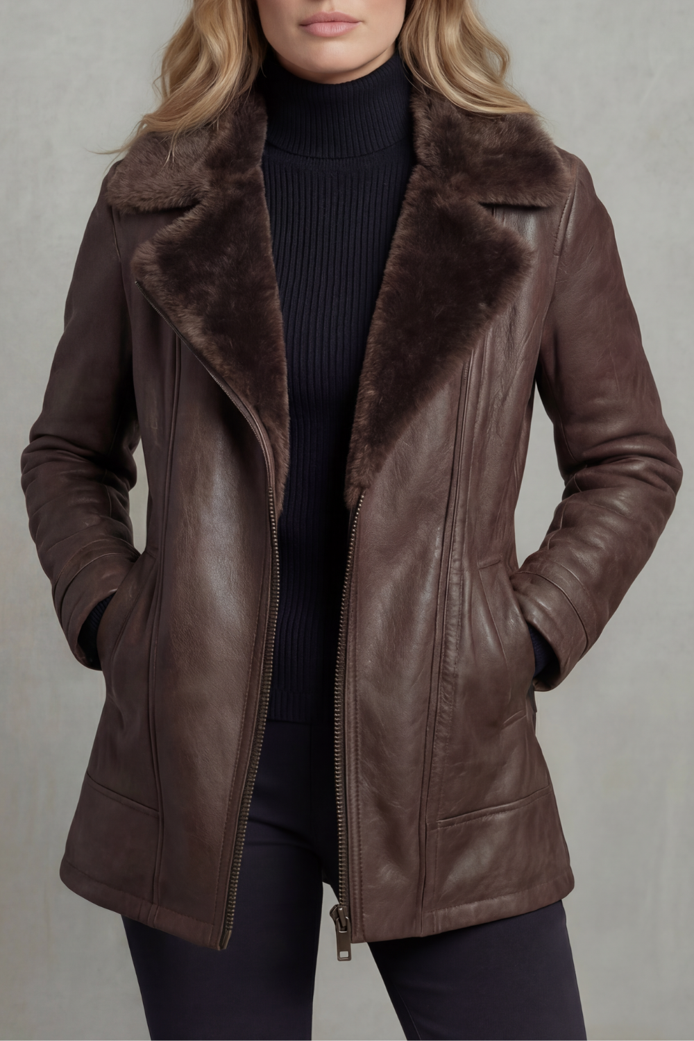 Brown Faux Leather Jacket with Shearling Collar - view 2