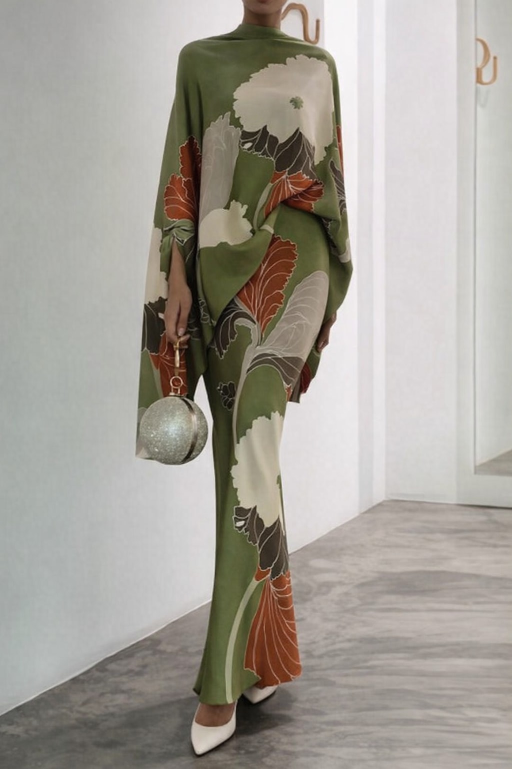 Floral Cape Top Two Piece Set with Draped Silhouette - 7