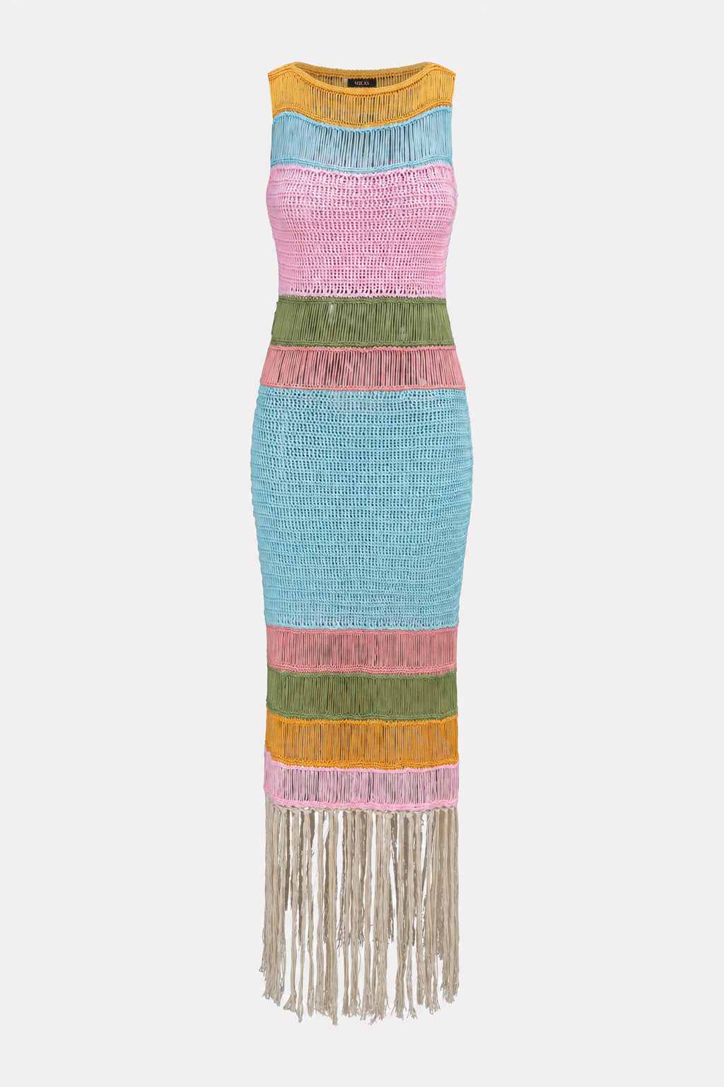 Open Knit Fringe Sleeveless Midi Dress