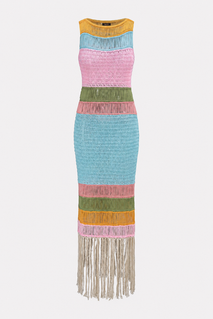 Open Knit Fringe Sleeveless Midi Dress