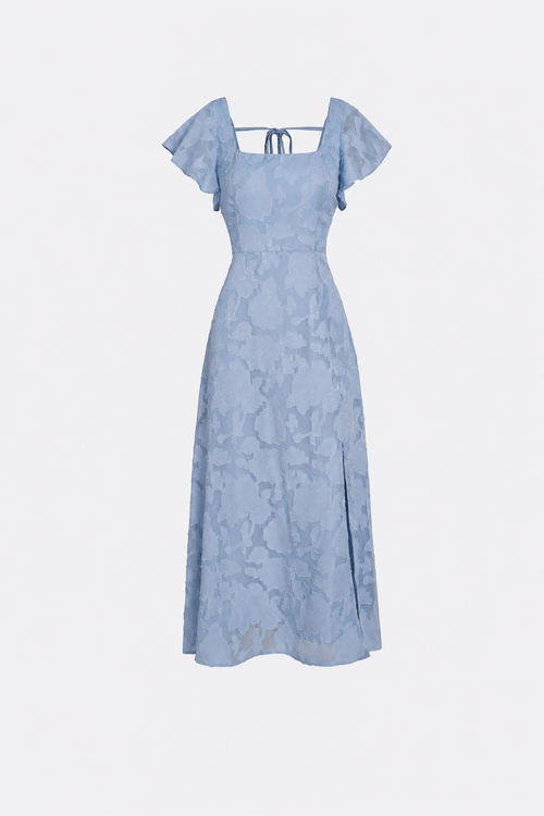 Blue Jacquard Square Neck Midi Dress