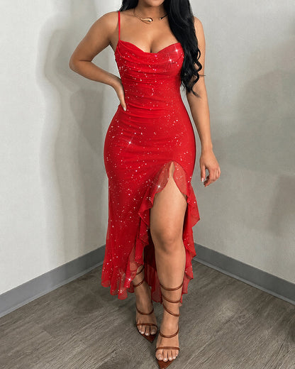 Red Glitter Mesh Mermaid Cami Dress - view 2