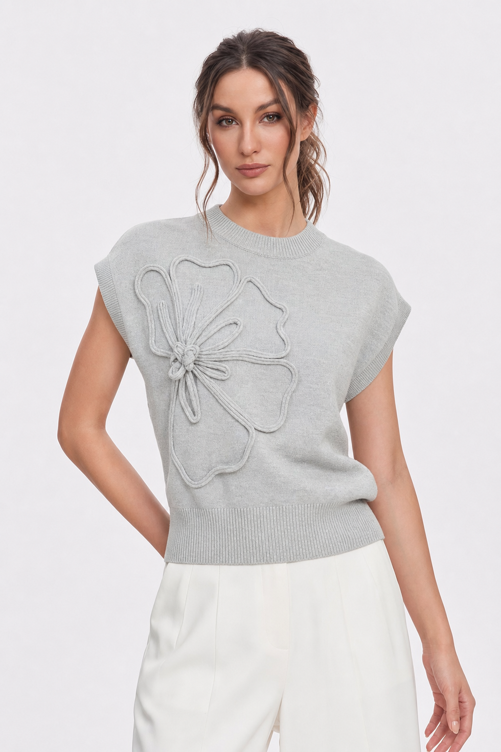 Flower Applique Cap Sleeve Knit Top - view 2