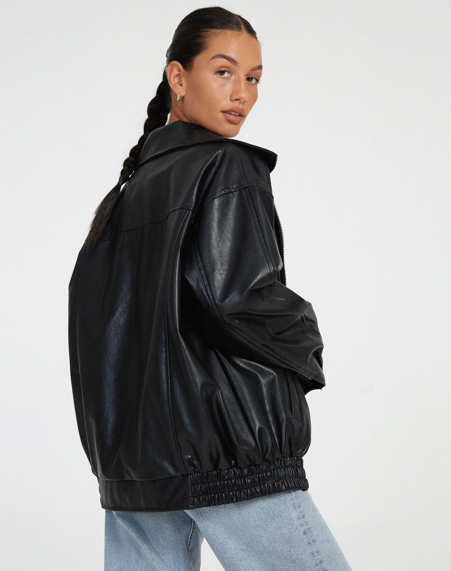 Oversized Collared Faux Leather Jacket - view 8