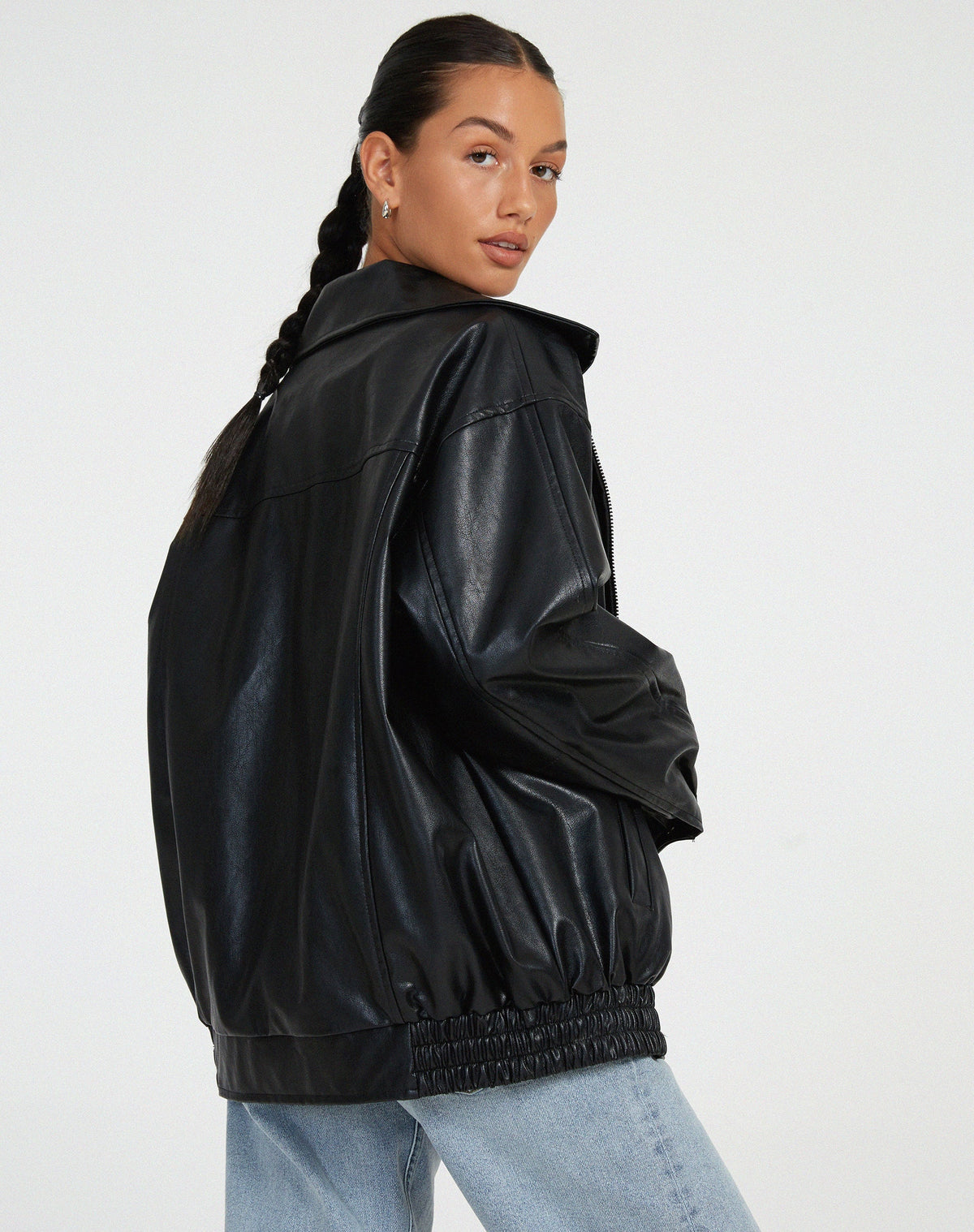 Oversized Collared Faux Leather Jacket - view 8