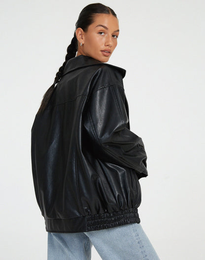 Oversized Collared Faux Leather Jacket - view 8