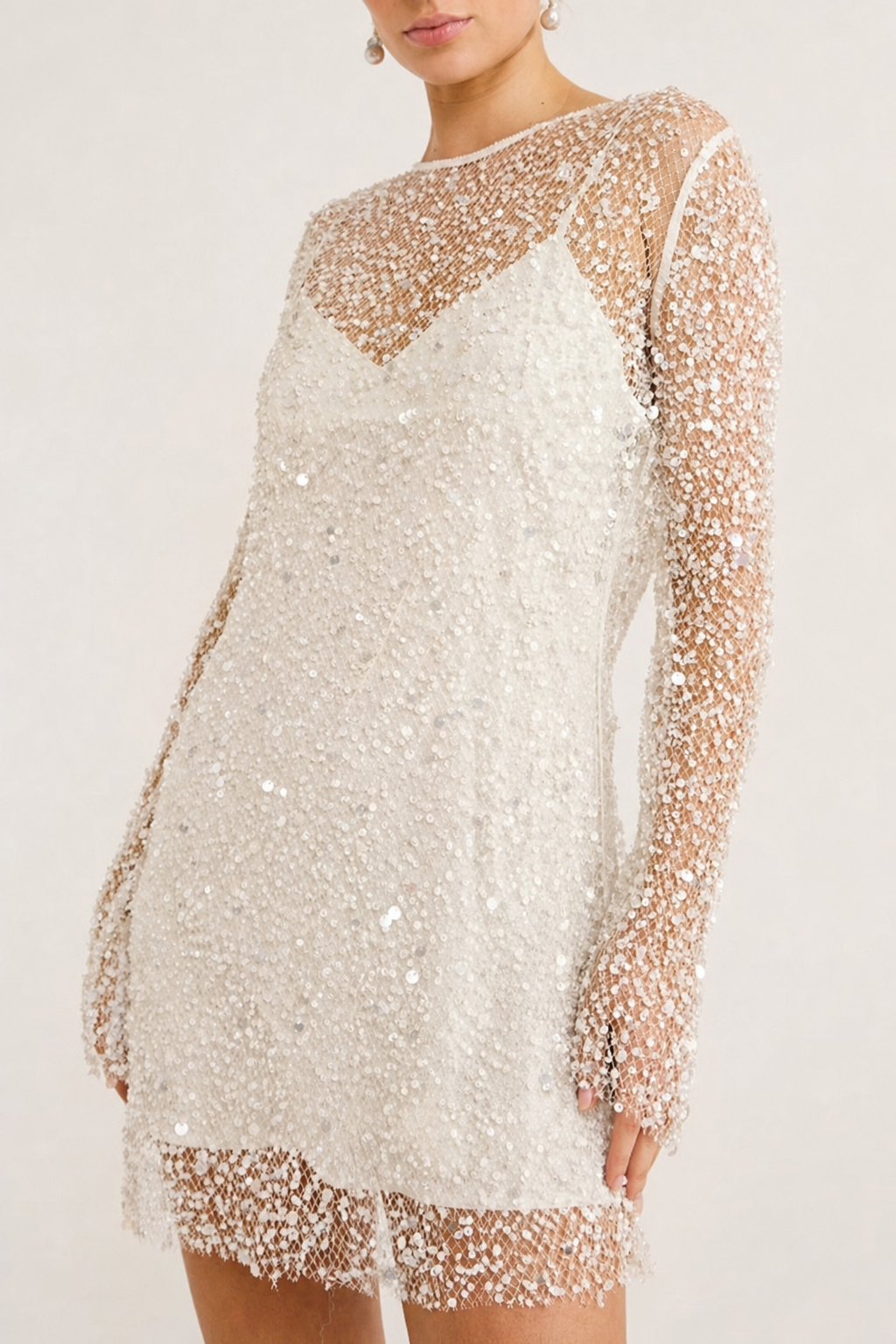 Sequin and Pearl Embellished Mini Dress with Long Sleeves - 7
