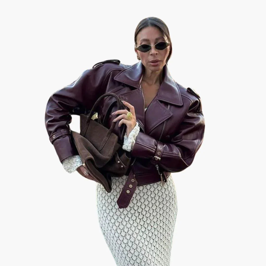 Belted Cropped Leather Biker Jacket in Brown - view 3