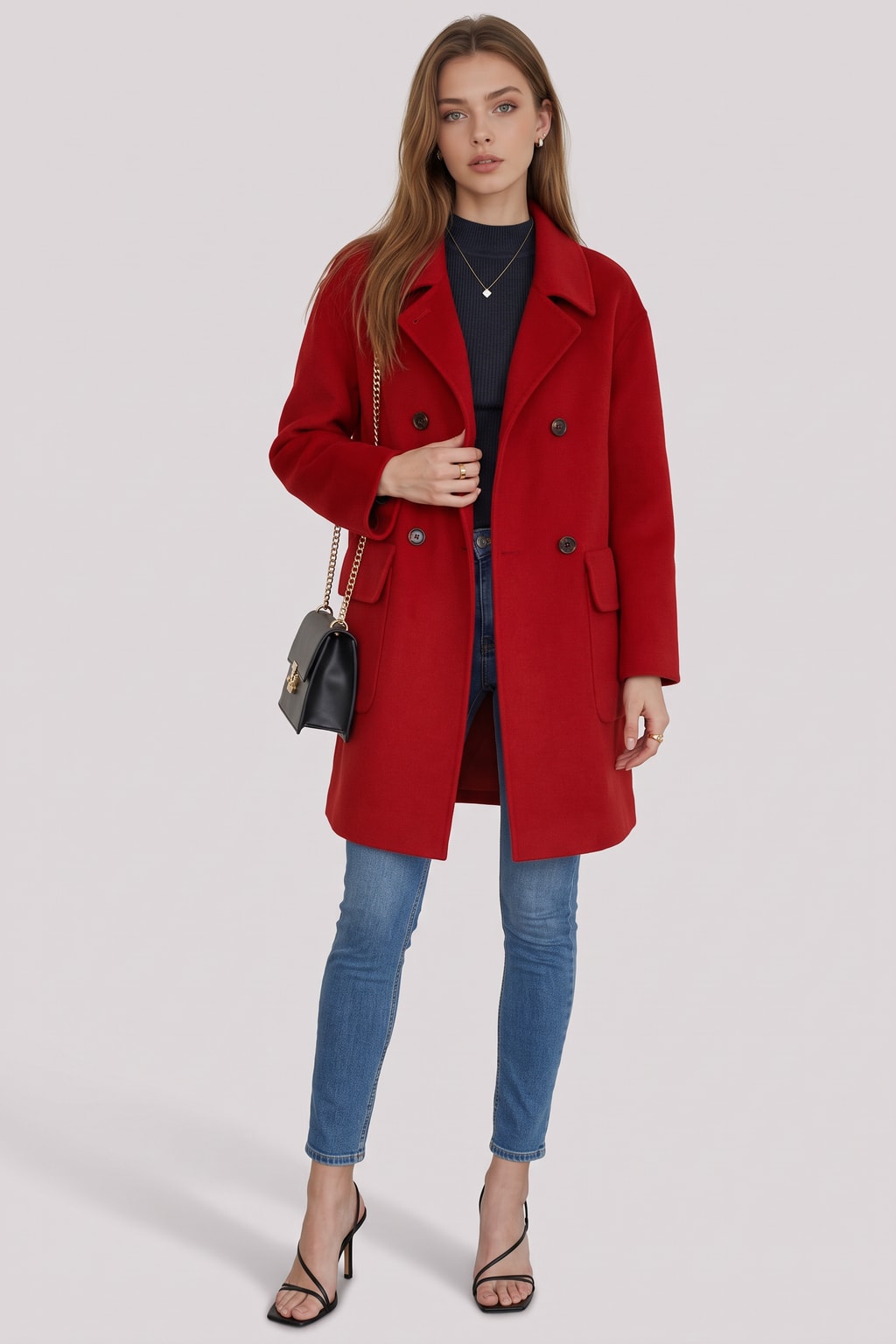 Wool Blend Double Breasted Coat with Notch Lapel - 4