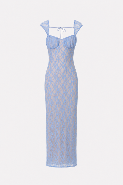 Blue Lace Sweetheart Maxi Dress, Ruched Waist