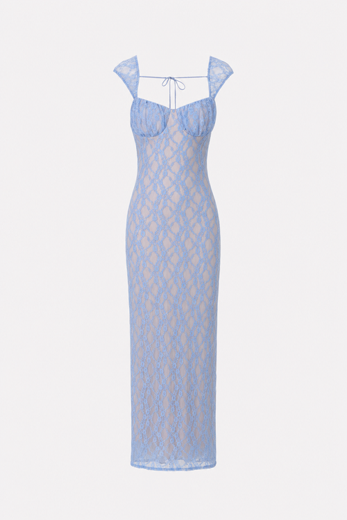 Blue Lace Sweetheart Maxi Dress, Ruched Waist