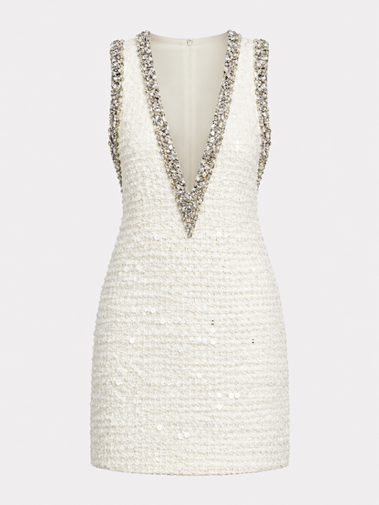Sequin V-neck A-line mini dress with colorblock trim