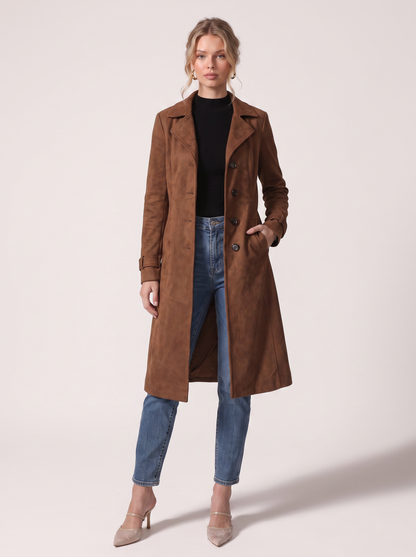 Faux Suede Longline Trench Coat with Pockets - view 2