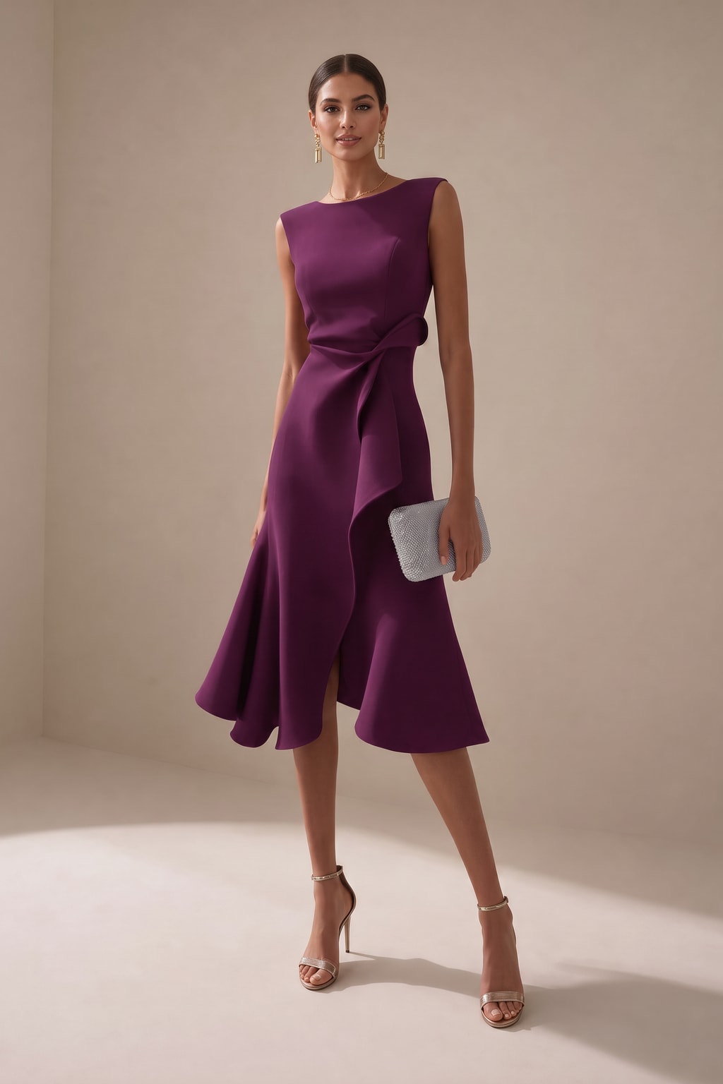 Satin Midi Dress With Asymmetric Draped Detail - 9