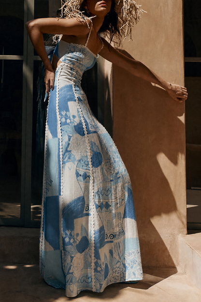 Tie-Back Linen Maxi Dress in Blue - view 4