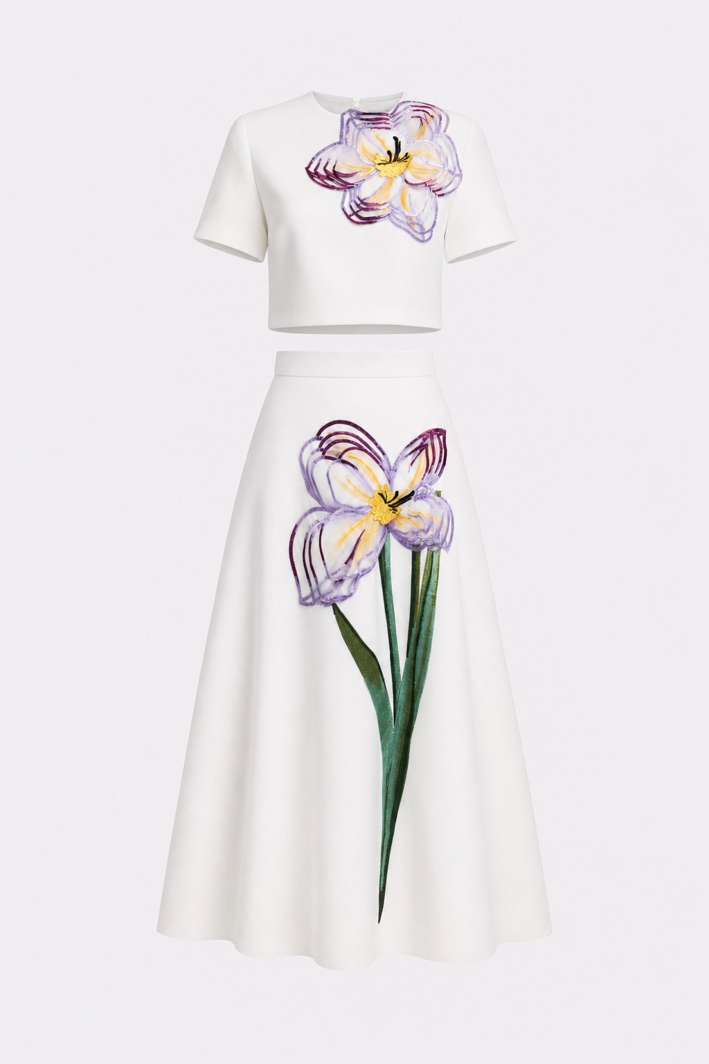 Floral Applique Crop Top and A-Line Skirt Set