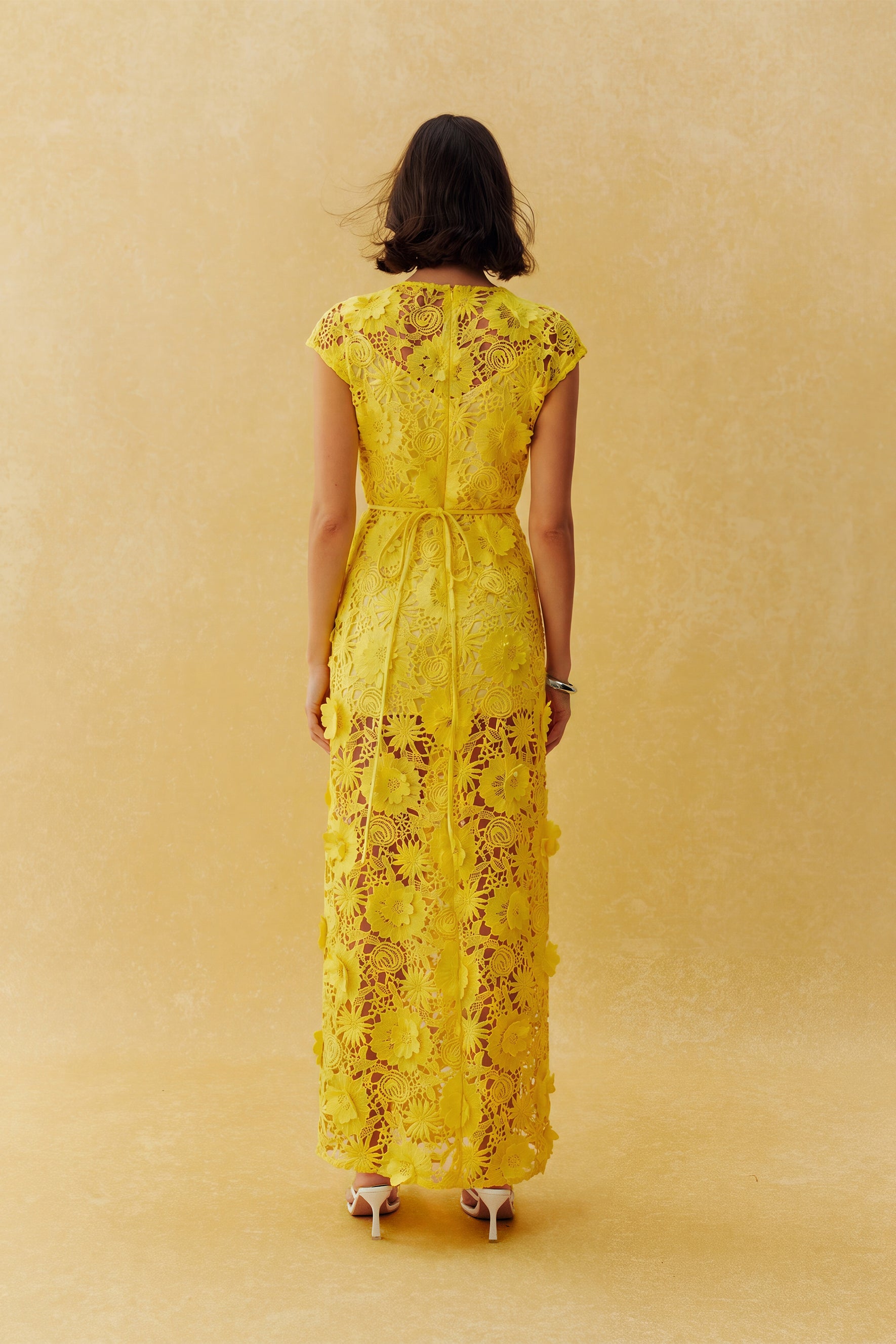 Yellow floral lace maxi dress with belt - view 4