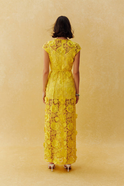 Yellow floral lace maxi dress with belt - view 4