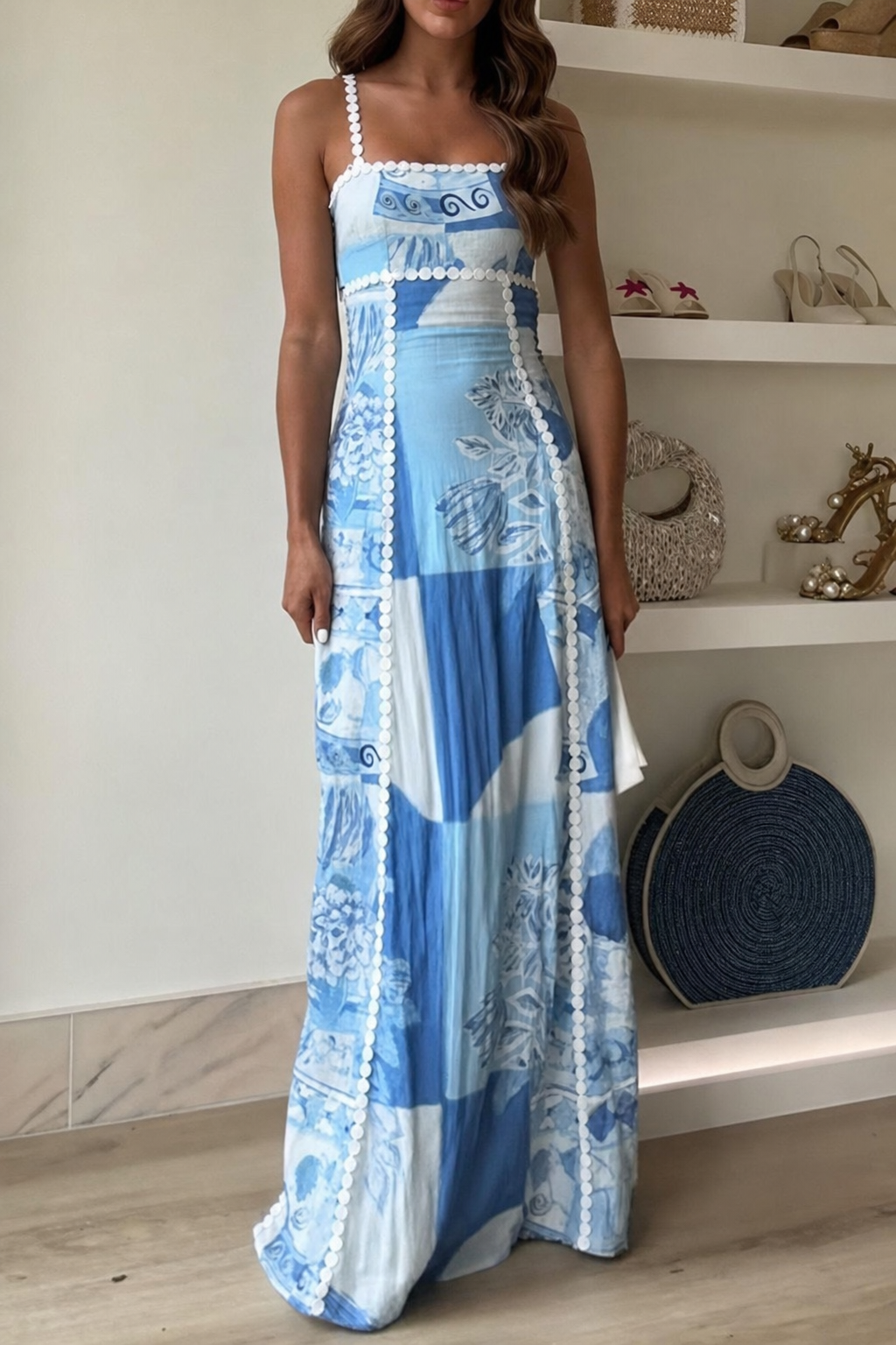 Tie-Back Linen Maxi Dress in Blue - view 2