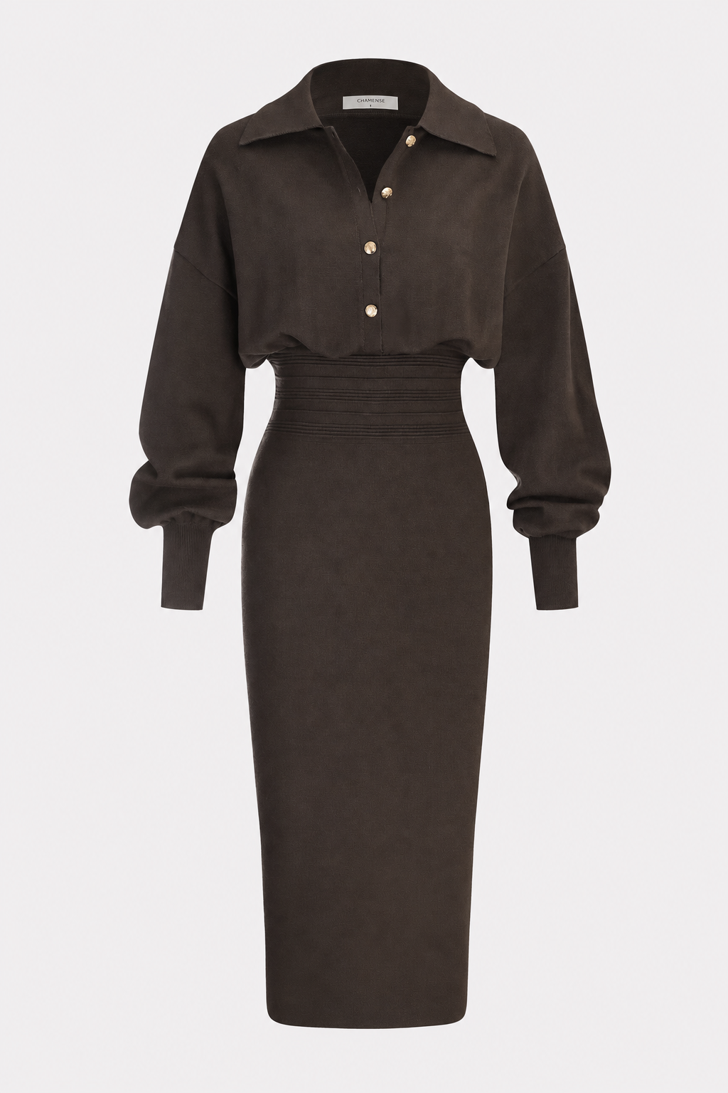 Cinched Waist Knit Shirt Dress in Brown
