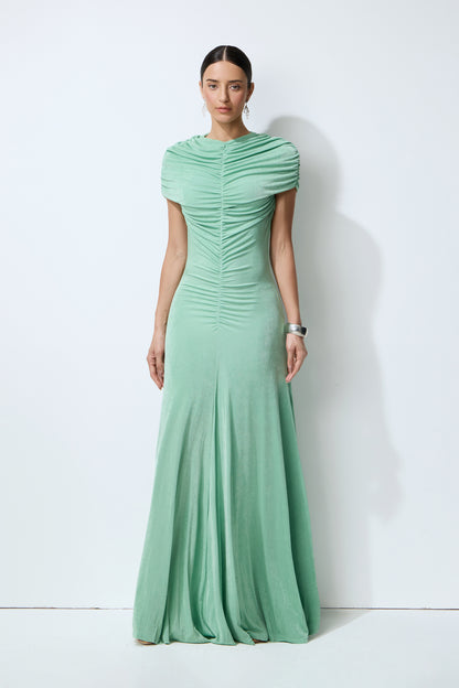Green velvet ruched cap sleeve maxi dress - view 2
