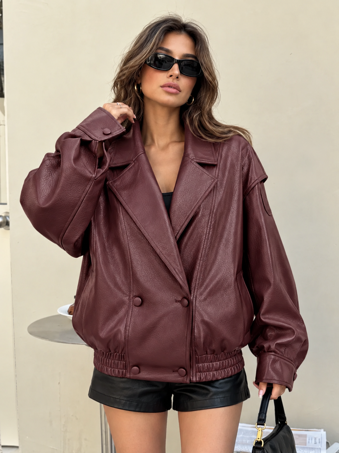Faux Leather Bomber Jacket Casual Outerwear - 7