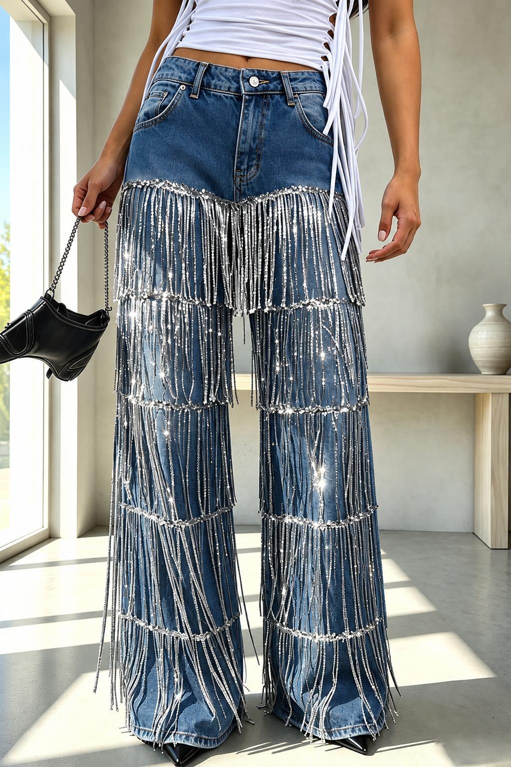 Denim High Rise Wide Leg Jeans With Tassel Detail - 6