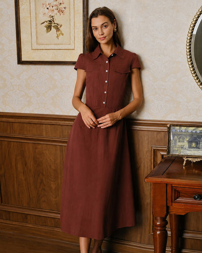 Red cotton midi dress with collar, buttons and pockets - view 5