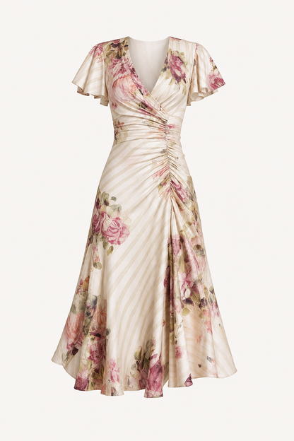 Pink Floral Wrap Midi Dress with Flutter Sleeves