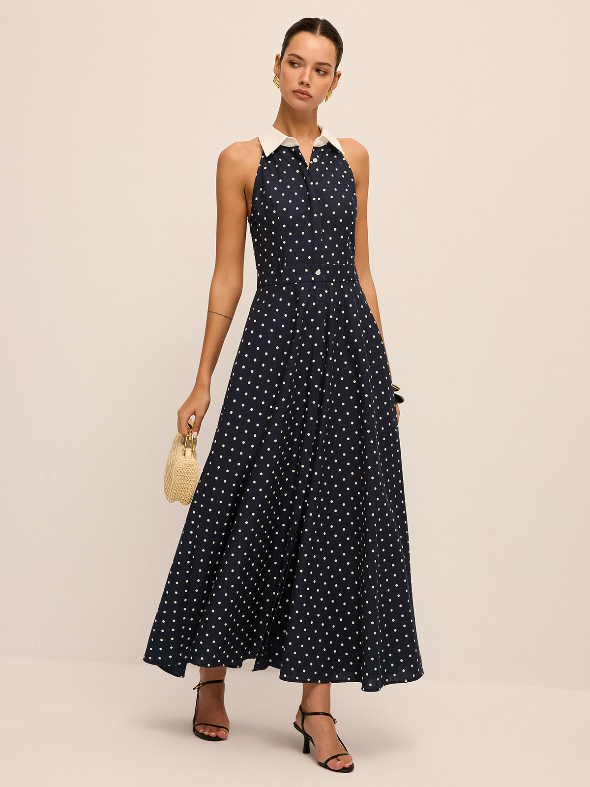 Navy Polka Dot Cotton Linen Maxi Dress - view 2