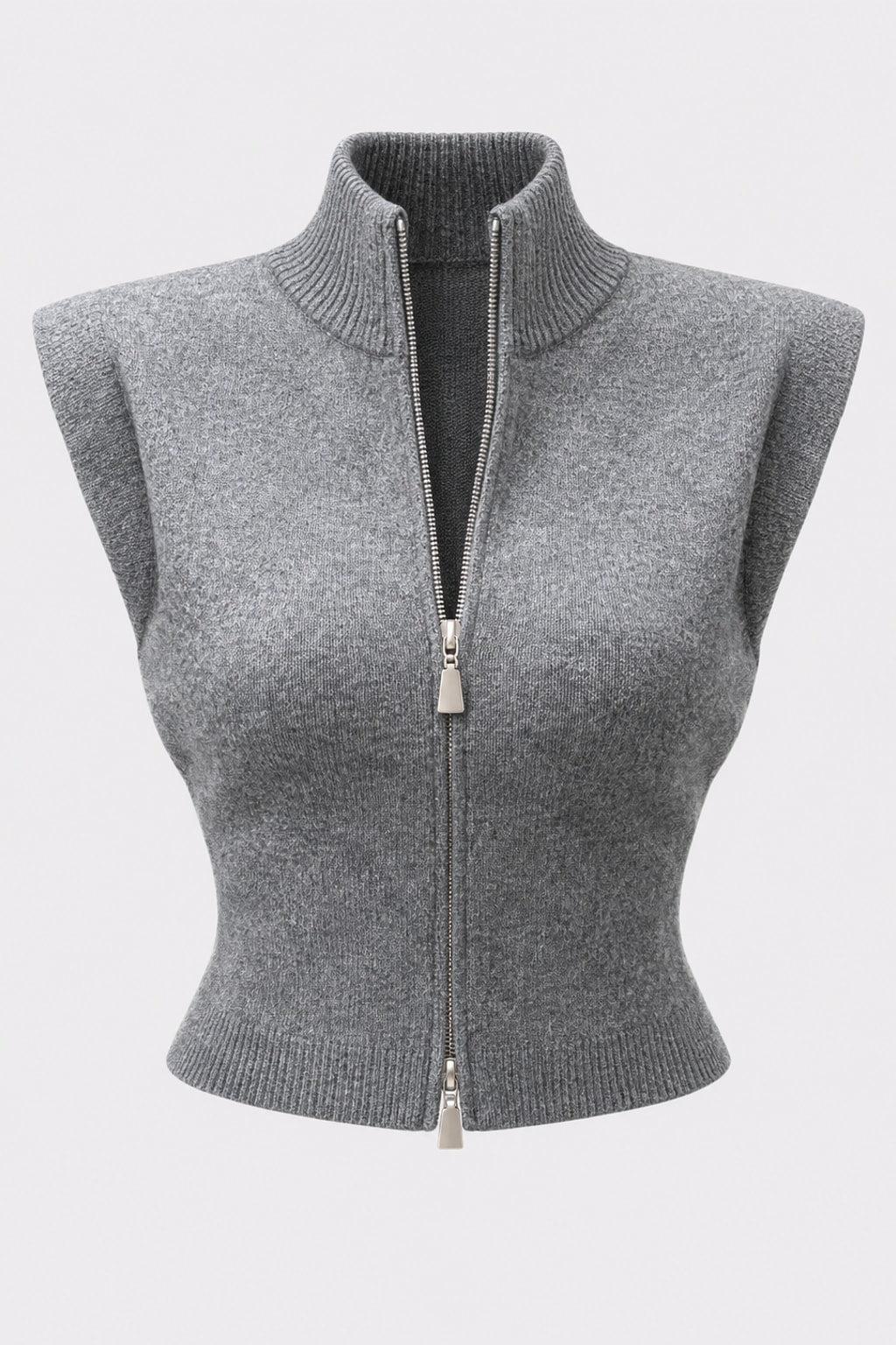 Grey fitted sleeveless knit vest with a high ribbed funnel neck, two-way front zip and structured shoulders