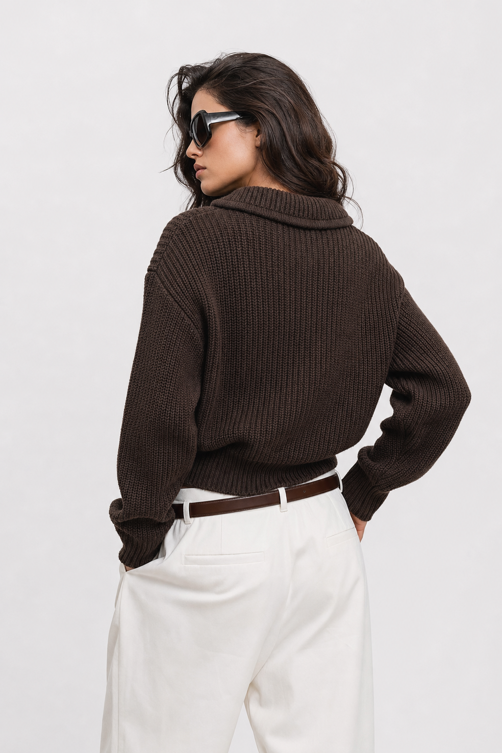 Braided Cable-Knit Cropped Sweater in Dark Brown - view 4