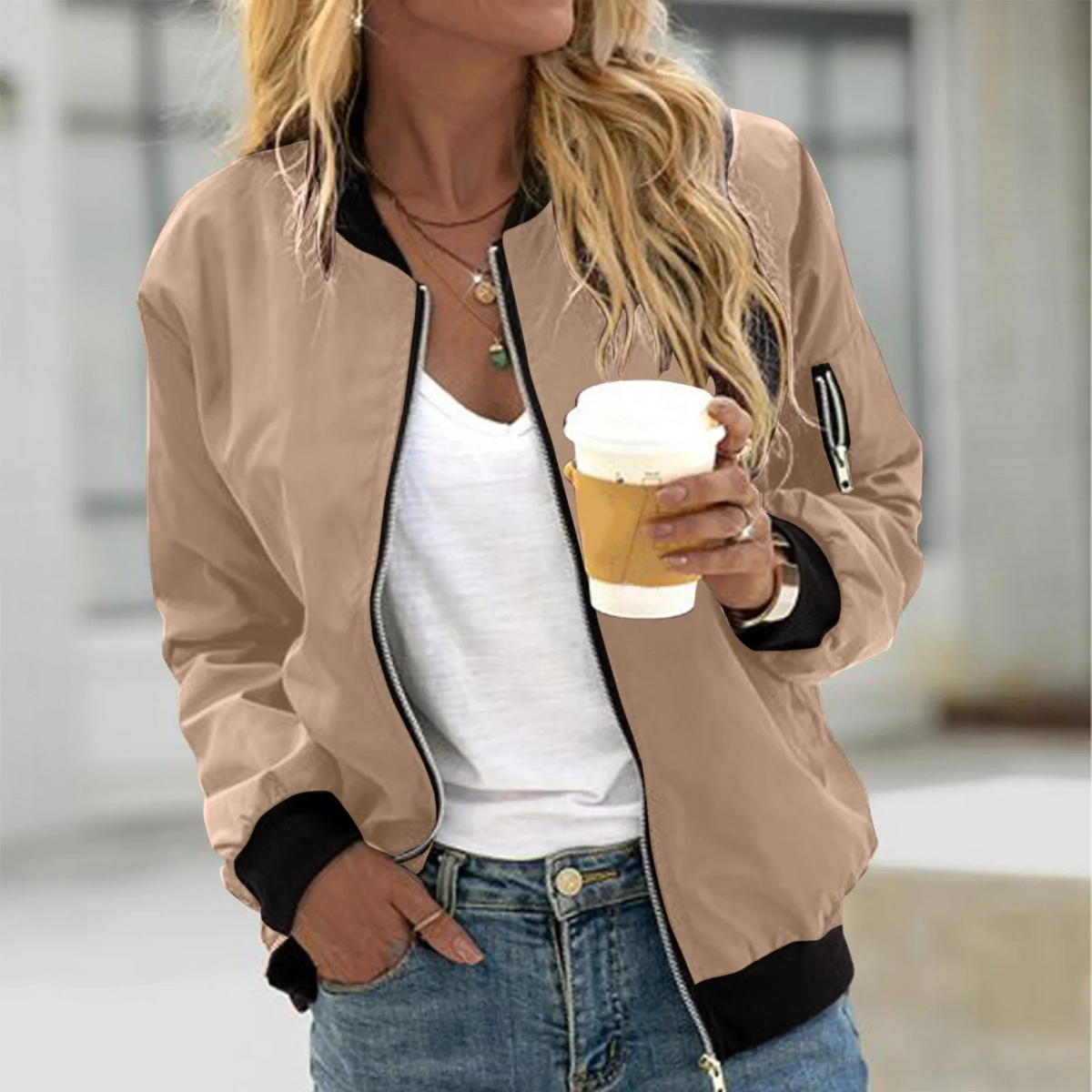 Woven bomber jacket with ribbed trim - view 6