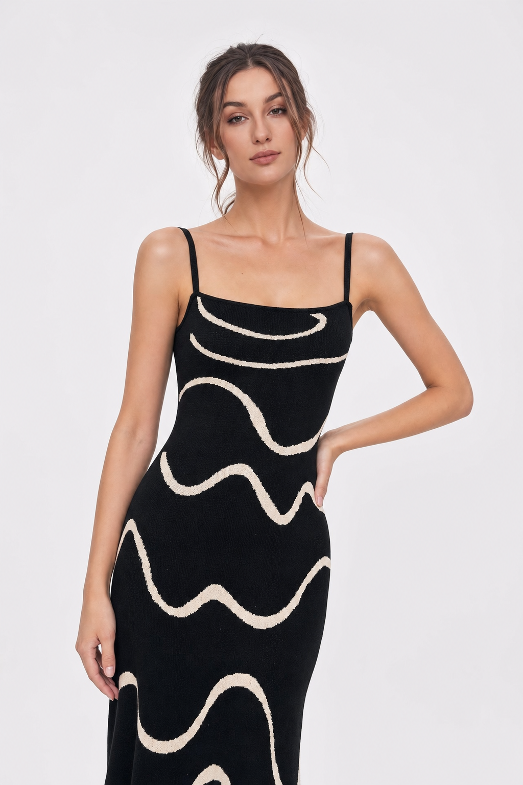 Black Cotton Modal Midi Dress, Mermaid Hem - view 3
