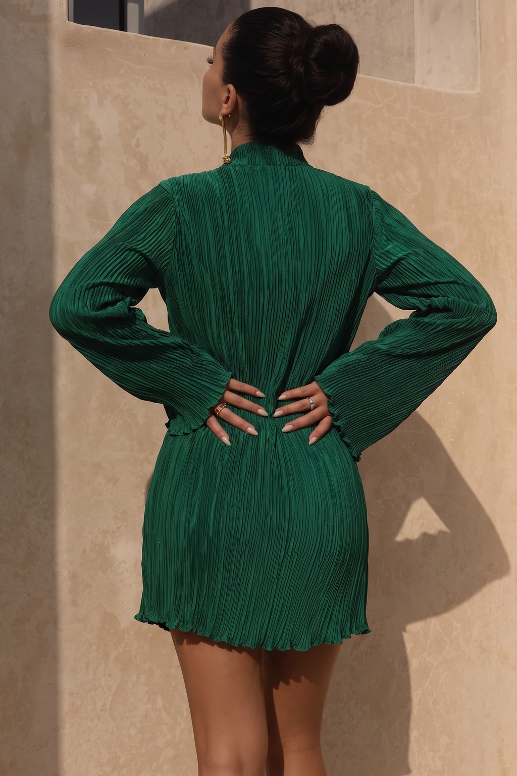 Pleated Mock Neck Mini Dress With Ruffled Cuffs - 5