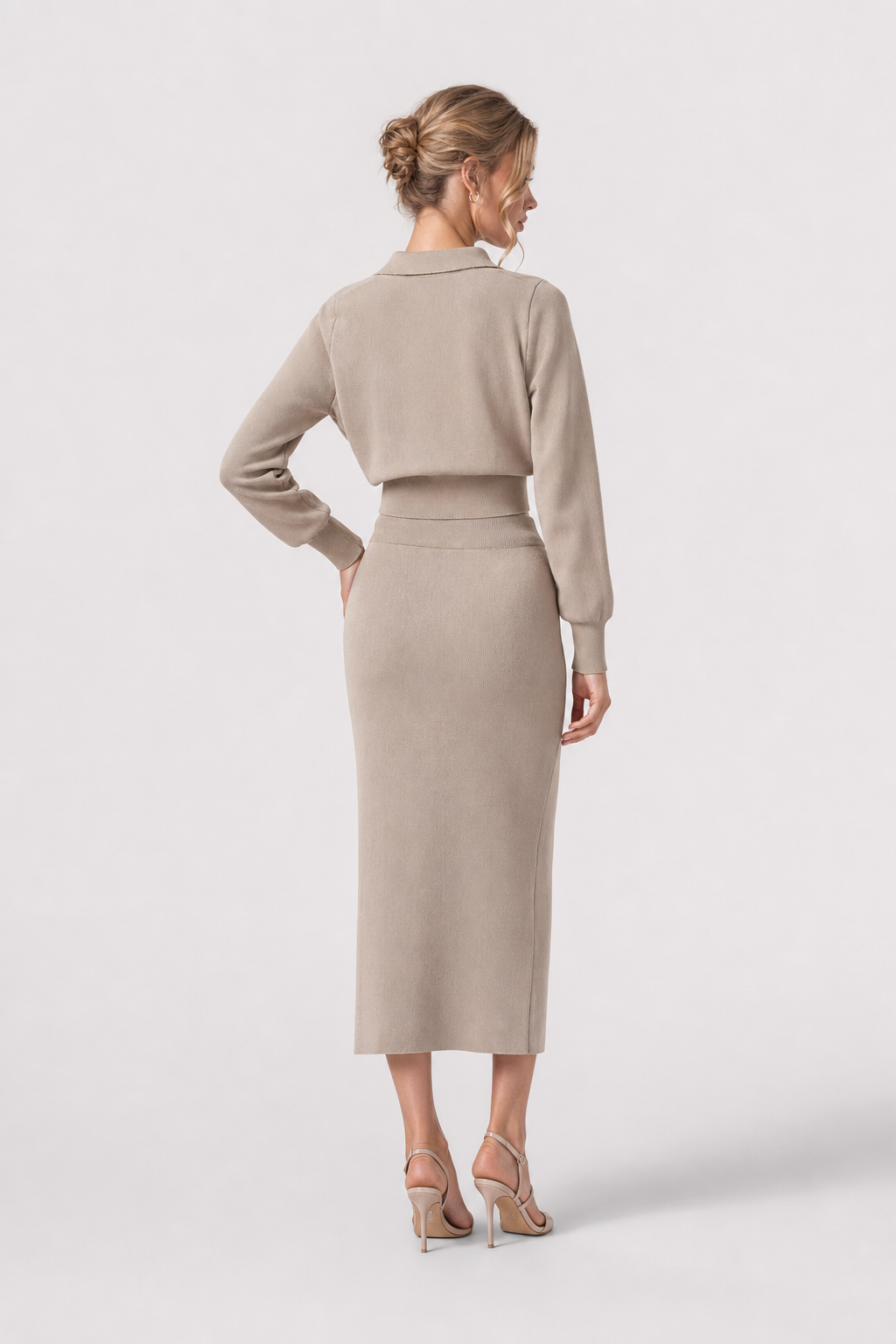 Collared Knit Cardigan and Midi Skirt Set - view 4