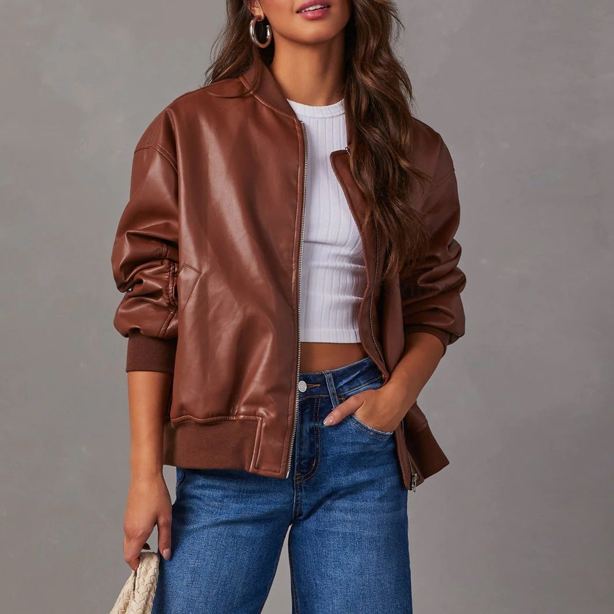 Faux Leather Bomber Jacket with Stand Collar - view 2
