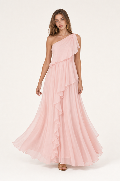 Flowy One-Shoulder Ruffle Maxi Dress - view 3