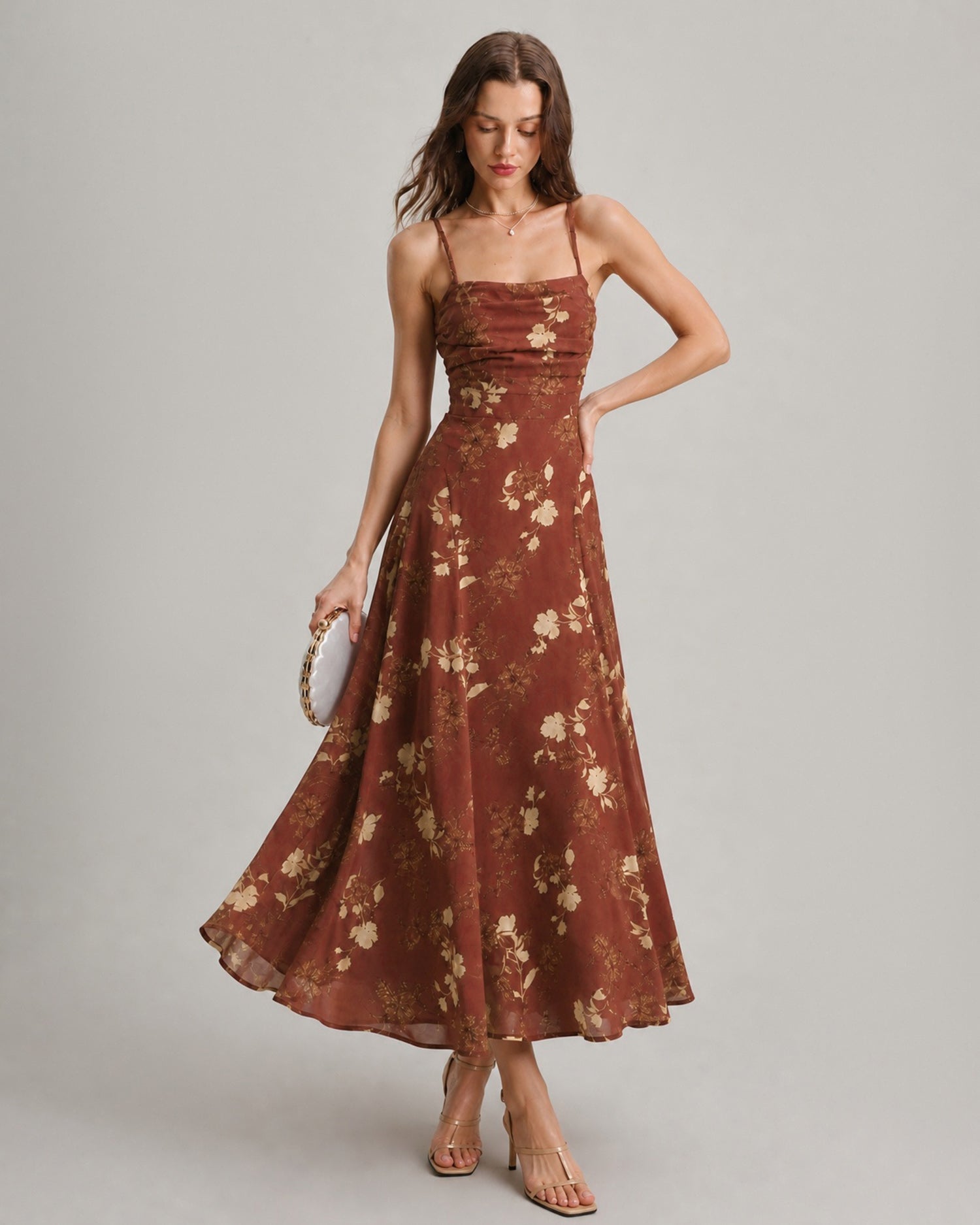 Red floral chiffon maxi dress with square neckline - view 4