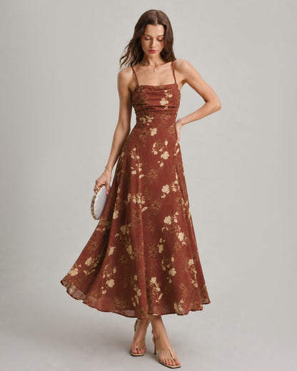 Red floral chiffon maxi dress with square neckline - view 4