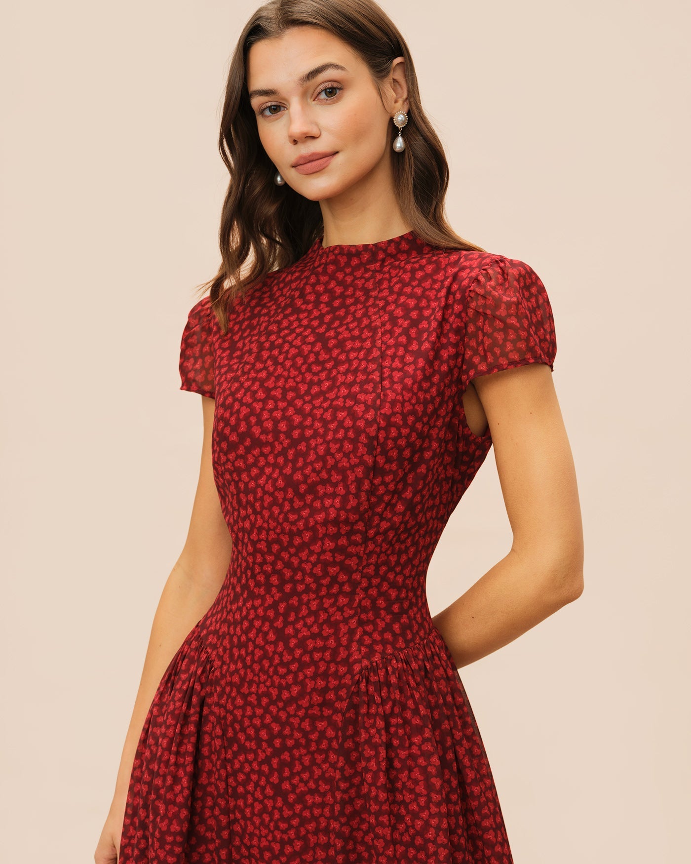 Red floral chiffon maxi dress with cap sleeves - view 3