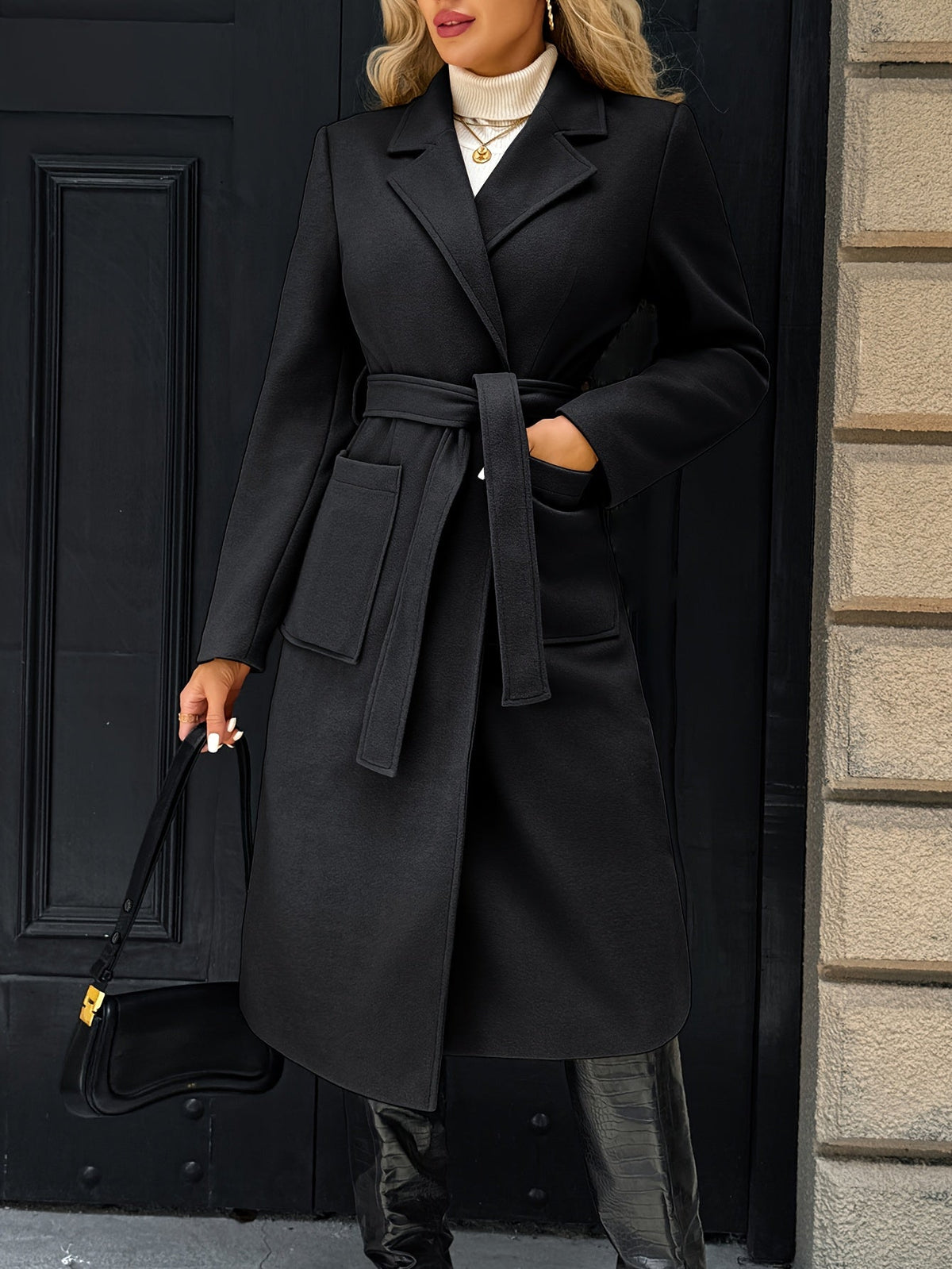 Tailored belted long coat with waist tie - view 13